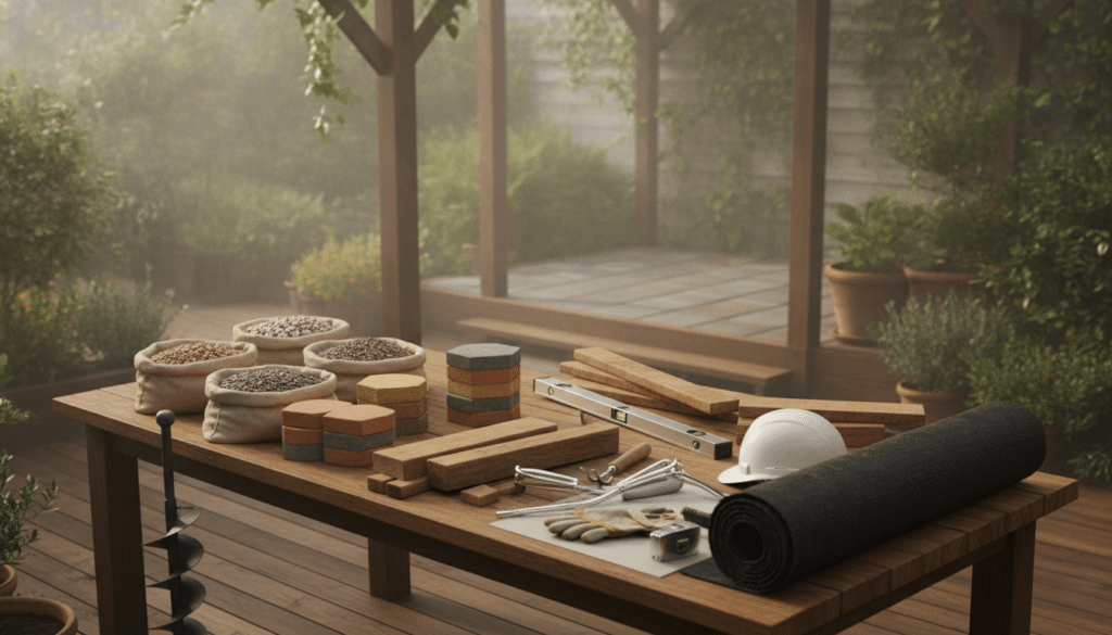 Material und Werkzeug für das Terrassenprojekt
